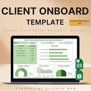 May include: A laptop displaying a client onboarding template with charts and graphs. The screen shows task names, completion percentages, and budget information. The text "CLIENT ONBOARD TEMPLATE" is at the top.