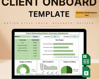 May include: A laptop displaying a client onboarding template with charts and graphs. The screen shows task names, completion percentages, and budget information. The text "CLIENT ONBOARD TEMPLATE" is at the top.