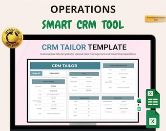 May include: A laptop screen displays a CRM Tailor Template, a customizable tool for client management. The screen shows a detailed dashboard with sections for orders, measurements, and preferences. Text includes "Client Management & Operations" and "Smart CRM Tool."