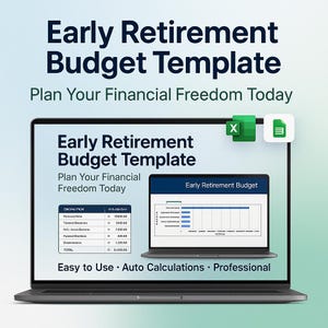 Könnte beinhalten: Ein Laptop zeigt die Vorlage "Frührente Budget" mit dem Text "Planen Sie noch heute Ihre finanzielle Freiheit". Der Bildschirm zeigt eine Budgettabelle und einen weiteren Bildschirm mit einem Diagramm. Excel- und Dokumentensymbole.