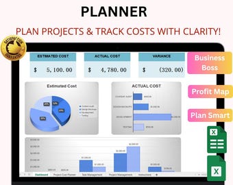 Project Cost Planner Excel & Google Sheets | Task Management, Budget Tracker and Dashboard