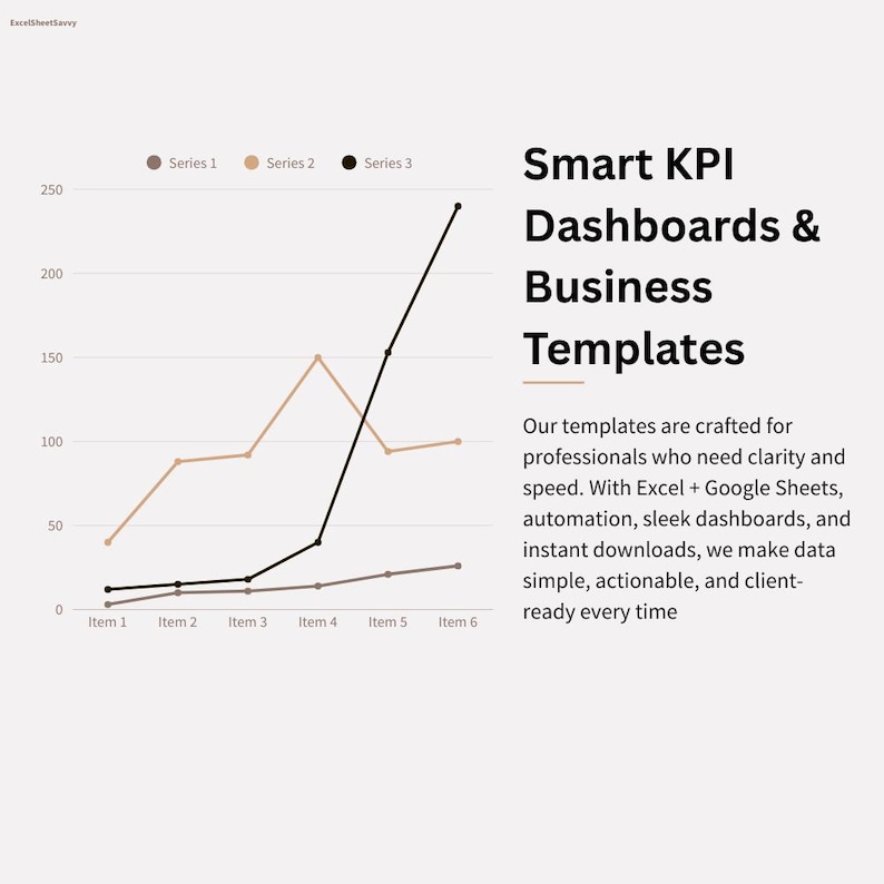 May include: A business template graphic showing three data series lines in brown, tan, and black, charting values from Item 1 to Item 6. The text reads "Smart KPI Dashboards & Business Templates."