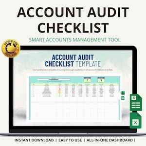 Könnte beinhalten: Ein Laptop-Bildschirm zeigt eine "Account Audit Checklist Template". Der Bildschirm zeigt eine Tabelle mit Zeilen und Spalten, und der Text "Account Audit Checklist" steht oben. Die Worte "Sofortiger Download | Einfach zu bedienen | All-in-One-Dashboard" stehen unten.