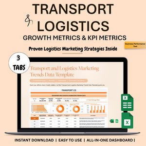 Puede incluir: Una computadora portátil muestra una plantilla de datos titulada "Transport and Logistics Marketing Trends Data Template". La pantalla muestra gráficos y tablas con el texto "Transport Co." y "Growth Metrics & KPI Metrics". La imagen incluye el texto "Instant Download | Easy to Use | All-in-One Dashboard."