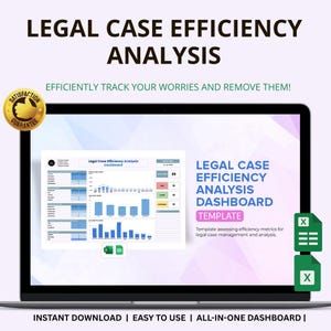 Puede incluir: Una pantalla de portátil muestra una plantilla de panel de análisis de eficiencia de casos legales. La pantalla muestra gráficos, tablas y datos. El texto en la pantalla dice "Legal Case Efficiency Analysis Dashboard Template". La imagen también incluye el texto "Instant Download | Easy to Use | All-in-One Dashboard."