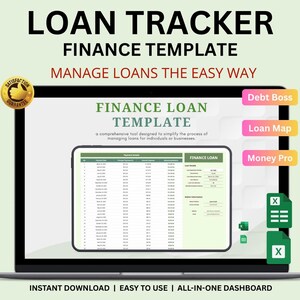 Puede incluir: Una plantilla financiera digital que se muestra en la pantalla de un portátil. La plantilla está etiquetada como "Loan Tracker" y "Finance Template". La pantalla muestra una hoja de cálculo con datos financieros. Las etiquetas adicionales incluyen "Debt Boss", "Loan Map" y "Money Pro".