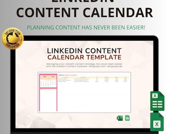 May include: A laptop screen showing a LinkedIn Content Calendar template. The screen displays a pink and white calendar layout with the text "LINKEDIN CONTENT CALENDAR" at the top. The image also includes the text "PLANNING CONTENT HAS NEVER BEEN EASIER!"