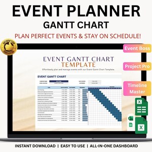May include: A laptop screen showing an event planner Gantt chart template. The screen displays a detailed schedule with task timelines and progress bars. Text on the screen includes "Event Planner Gantt Chart" and "Plan Perfect Events & Stay on Schedule!"