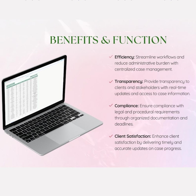 May include: A silver laptop showing a spreadsheet, with the text "BENEFITS & FUNCTION" in green. The image includes bullet points detailing efficiency, transparency, compliance, and client satisfaction.