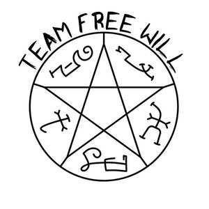 May include: A black and white illustration of a five-pointed star with symbols inside the points. The star is surrounded by a circle with the text "TEAM FREE WILL" written around it.