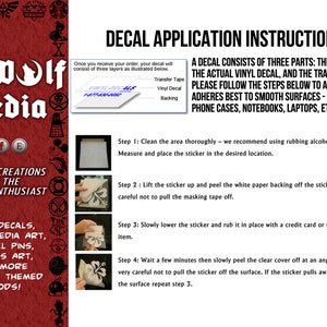 May include: Decal application instructions with a white background and black text. The instructions explain how to apply a decal to a surface. The image shows a close-up of a decal being applied to a surface.