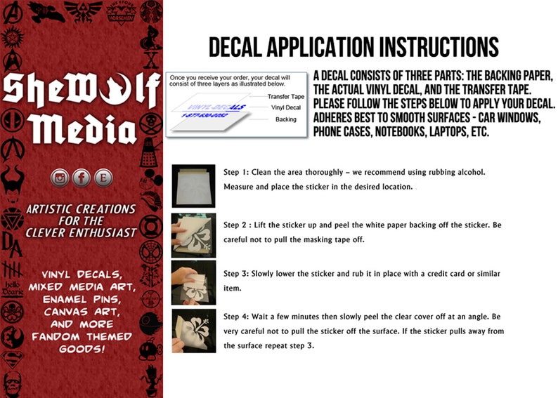 May include: Decal application instructions with a white background and black text. The instructions explain how to apply a decal to a surface. The image shows a close-up of a decal being applied to a surface.
