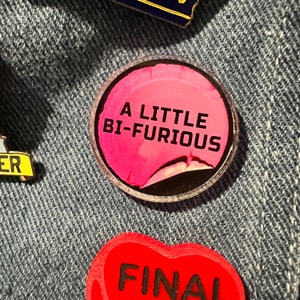 Bi-Furious Scott Pilgrim Roxie Richter inspired acrylic pin, vhs aesthetic, movie genre