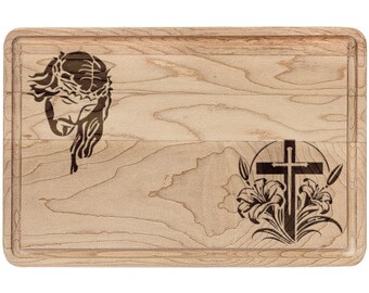 Crown of Thorns Cross Engraved Wooden Cutting Board | Walnut or Maple