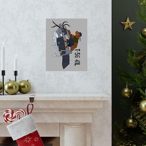 May include: A poster featuring a cartoon illustration of a bear in a pilot's uniform climbing a helicopter. The helicopter is gray and black, and the bear is wearing a green shirt and blue pants. The text "T-56 41L" is printed vertically.