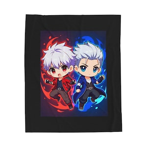 May include: Black blanket with a colourful anime-style image of two characters. One wears a red jacket, the other a blue coat, both with white hair and large eyes. The background features red and blue flames.