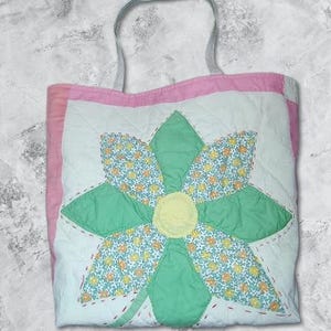 Handmade Tote Bag – Upcycled Vintage Quilt Flower, One-of-a-Kind, Large Market Tote, Eco-Friendly Gift