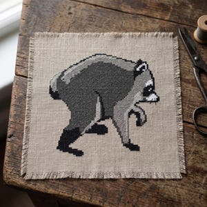 May include: A square piece of light brown linen fabric with frayed edges featuring a cross-stitch embroidery of a raccoon. The raccoon is depicted in profile using shades of dark grey, light grey, black, and white thread to form its body.