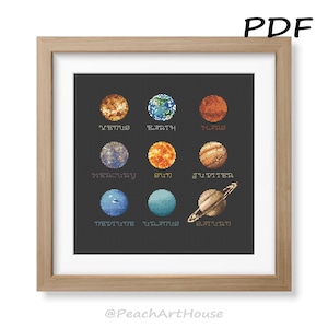 May include: A framed print showing a pixelated illustration of the planets in our solar system. Each planet is labelled underneath. The print is in a wooden frame and includes the text "PDF" in the upper right corner.