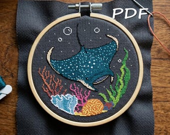 Manta Ray Cross Stitch Pattern, Easy Sea Animal Design (PDF Pattern)