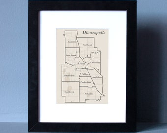 Minneapolis Neighborhood Map Print Home Decor 5x7