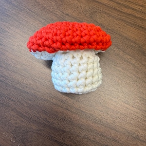 May include: A small, handcrafted crochet mushroom featuring a vibrant red, rounded cap with a textured, knotted surface and a thick, cylindrical white stem. The piece is constructed from yarn with visible, uniform stitches throughout the entire structure.