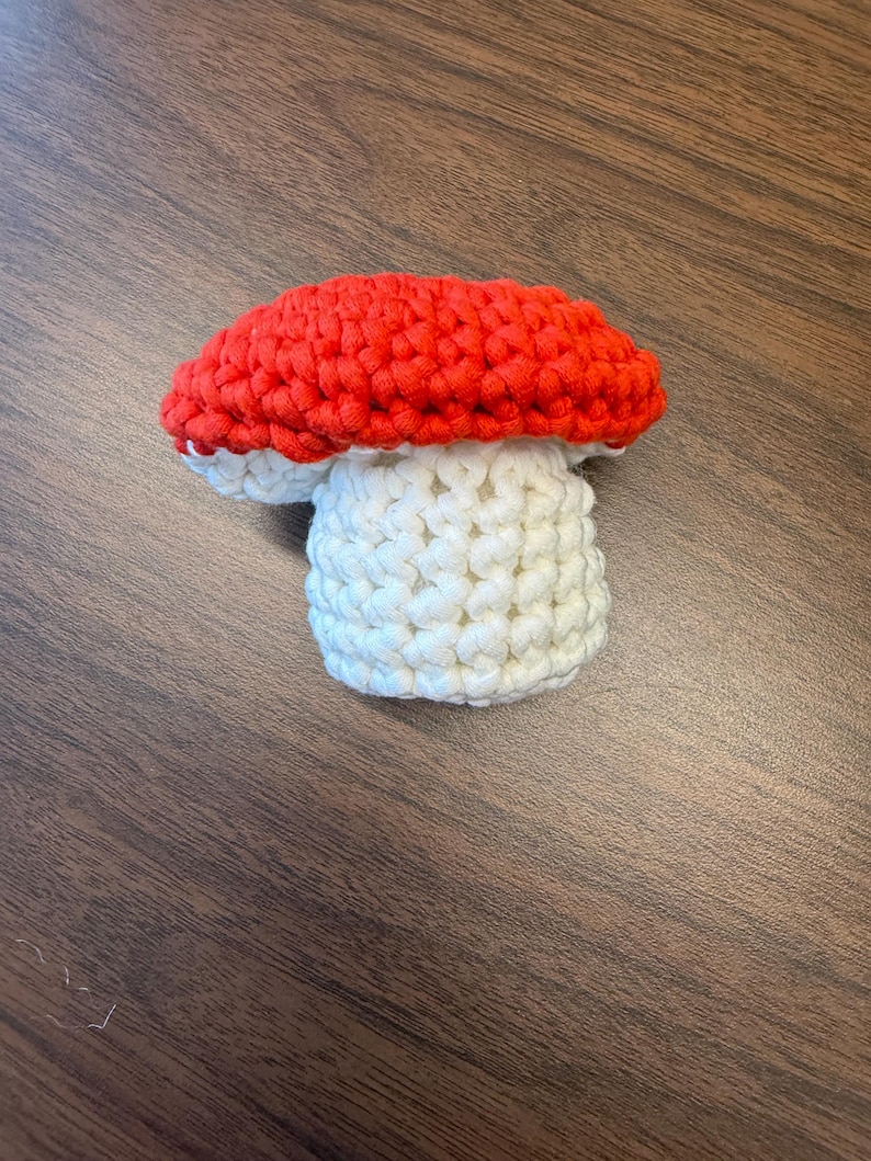 May include: A small, handcrafted crochet mushroom featuring a vibrant red, rounded cap with a textured, knotted surface and a thick, cylindrical white stem. The piece is constructed from yarn with visible, uniform stitches throughout the entire structure.