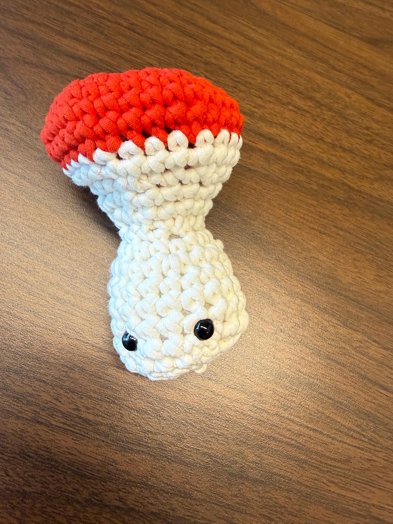 May include: A small, handmade crochet mushroom figure featuring a bright red cap and a cream-colored stem. The stem includes two small, round, black plastic bead eyes positioned near the base, giving the soft, textured fiber object a face.