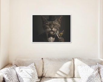 Pode incluir: Impressão emoldurada com um gato distinto em smoking e cartola, segurando um martini com azeitonas. A obra de arte em tons de sépia evoca uma estética vintage e sofisticada, perfeita para decoração de casa.