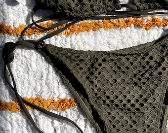 Olive Green Crochet Bikini Set | Boho Mesh Swimsuit | Adjustable Triangle Top & Tie Side Bottom | Beach Vacation Swimwear