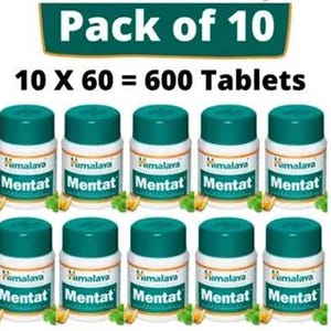 May include: A pack of ten Himalaya Mentat bottles, each with a green cap and white label. The text "Pack of 10" and "10 X 60 = 600 Tablets" are displayed above the bottles. Each bottle contains tablets.