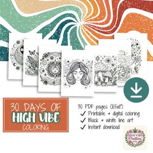 30 Days of Spiritual Coloring Pages-Witchy Self Care Printable Bundle, Celestial Art, Daily Mindfulness for Women Creatives, creative flow