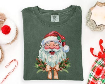 Comfort Colors Christmas Tee, Retro Santa Shirt, Women's Holiday Shirts, Vintage Santa Xmas Gift for Her