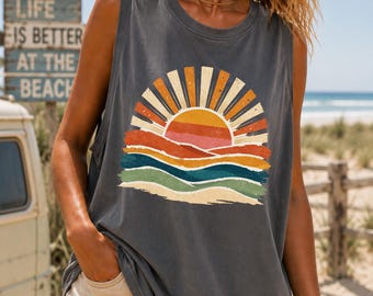 Comfort Colors Coastal Tank Top, Vintage Ocean Tank, Retro Summer Beach Tank, Seaside Vacation Top, Ocean Lover Tank, Sunshine Graphic Tank