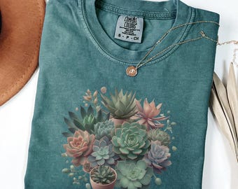 Camiseta de jardín suculento, colores cómodos con cactus coloridos, ideal para amantes de las plantas botánicas, regalo natural.