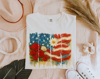 Comfort Colors® Floral American Flag Shirt, 4th of July Shirt, Patriotic Shirt, Independence Day Shirt, Floral American Flag Shirt, USA Tee