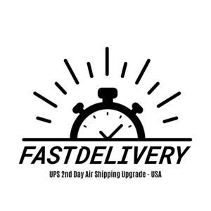 Könnte beinhalten: Schwarz-weiße Grafik einer Stoppuhr mit Strahlenlinien, über den Worten "FAST DELIVERY". Das Bild deutet auf schnelle Versand- und Lieferdienste hin. Das Stoppuhr-Design ist schlicht und modern.