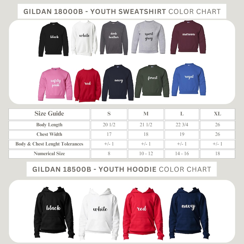 May include: A color chart for Gildan youth sweatshirts and hoodies. The sweatshirts come in black, white, dark heather, sport grey, maroon, safety pink, red, navy, forest, and royal. The hoodies are available in black, white, red, and navy.