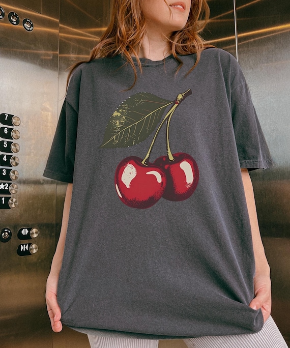 Comfort Colors® Retro Cherry Shirt for Women, Cursive Nostalgic Cherry Graphic Tee, Vintage Style Distressed Fruit Lover T-Shirt Gift