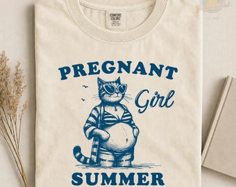 Comfort Colors Pregnant Girl Summer Shirt, Summer Cat T-Shirt, Baby Shower Gift, Pregnancy Reveal Shirt, Baby Reveal Tee, Announcement Tee