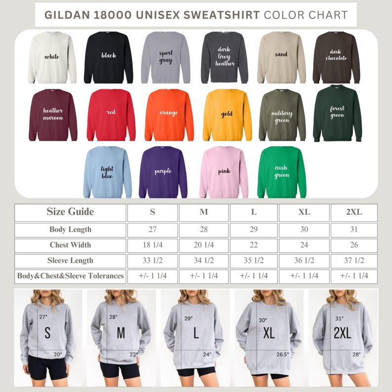 May include: Color chart for Gildan 18000 unisex sweatshirts. The chart displays various colors, including white, black, and red. A size guide is also included, showing body length, chest width, and sleeve length measurements in inches for sizes S to 2XL.