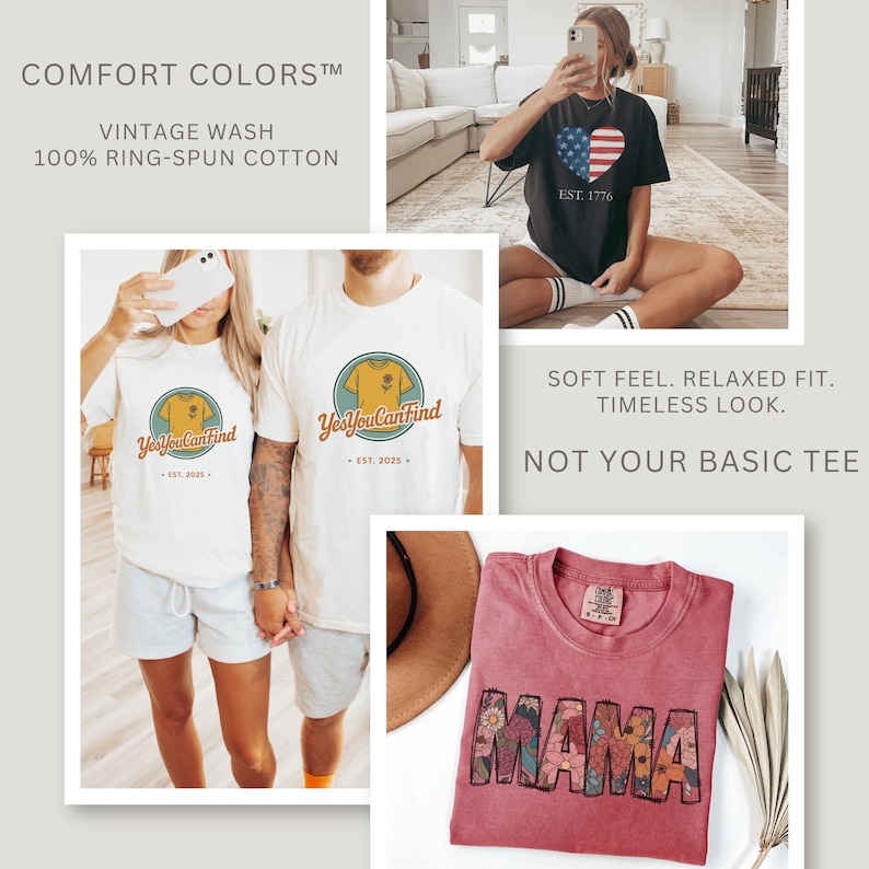 May include: A collection of t-shirts in various colors. One shirt features a heart-shaped American flag graphic with "EST. 1776". Another displays "Yes You Can Find" with a flower graphic. A red shirt has "MAMA" in floral letters. The text "COMFORT COLORS" is also visible.