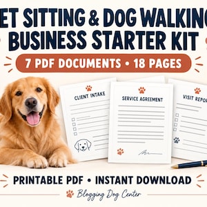 Peut inclure: Un kit de démarrage pour entreprise de garde d'animaux et de promenade de chiens comprenant 7 documents PDF totalisant 18 pages. Il inclut des formulaires Client Intake, Service Agreement et Visit Report avec un golden retriever.