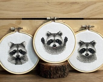 Trio Raccoon Cross Stitch Hoop Art – Completed Embroidery Wall Decor