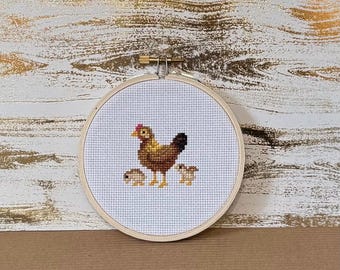 Framed Hen and Chicks Cross Stitch, Completed Design in 4" Hoop