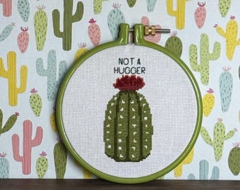 Finished framed cross stitch. “Not a hugger” cactus completed cross stitch design.