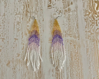 Beaded fringe boho earrings - purple, gold, and white