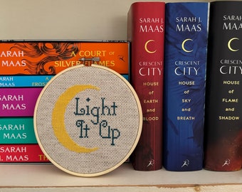 Crescent City inspired Light It Up completed cross stitch.