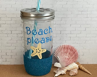 Beach, please glitter dipped 24oz mason jar tumbler