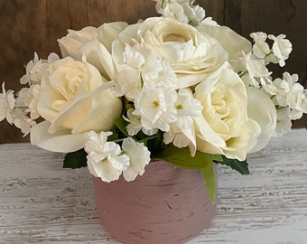 Cream rose faux flower arrangement/centerpiece in dusty pink distressed vase